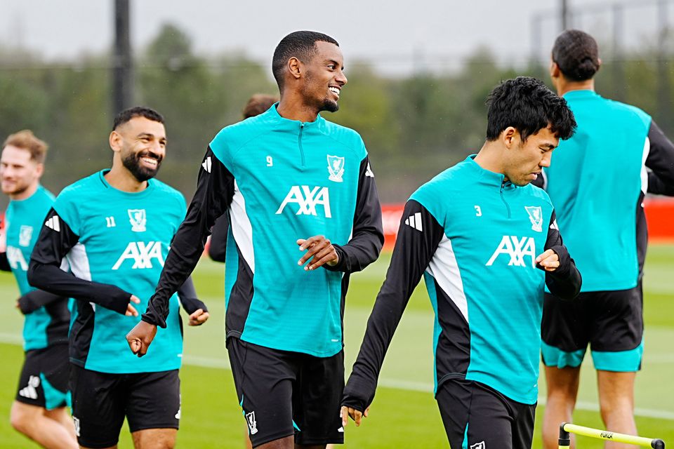 Liverpool's Alexander Isak (centre) during a training session